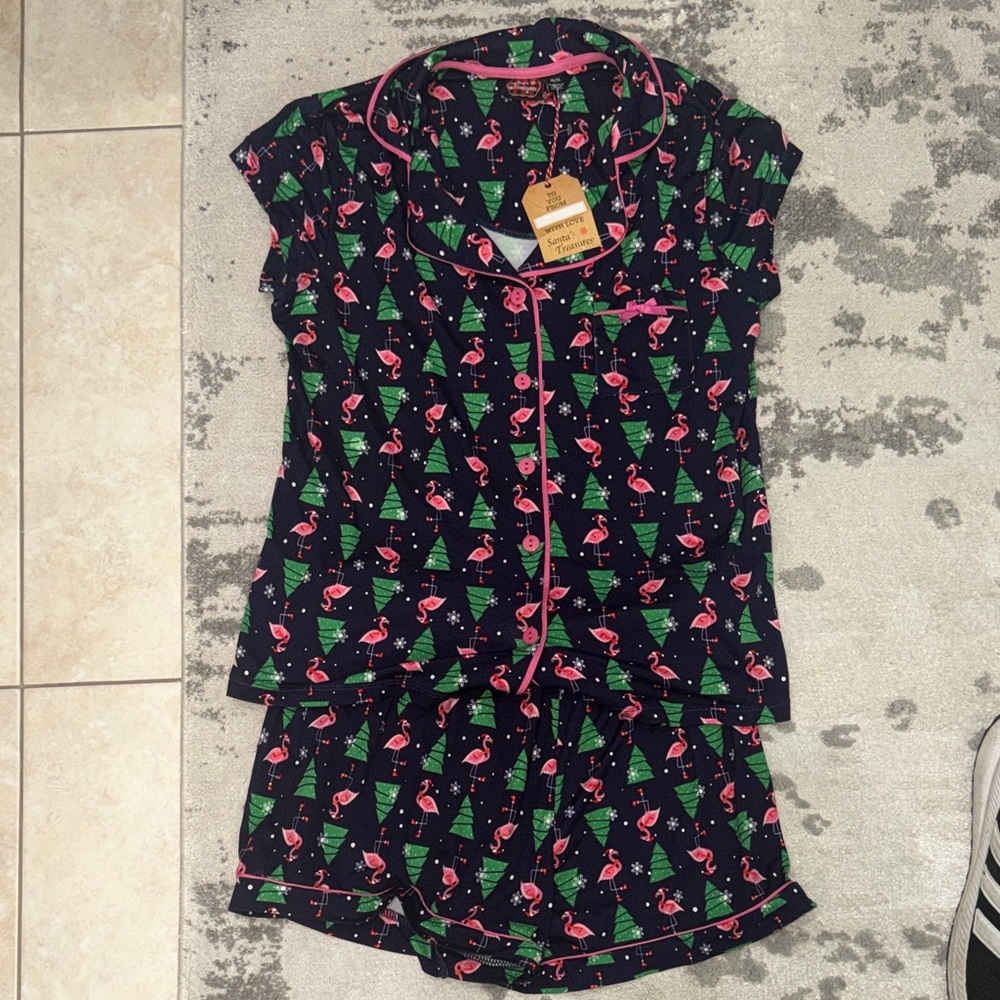 Flamingo and Christmas Tree Print short sleeve Pajama Set